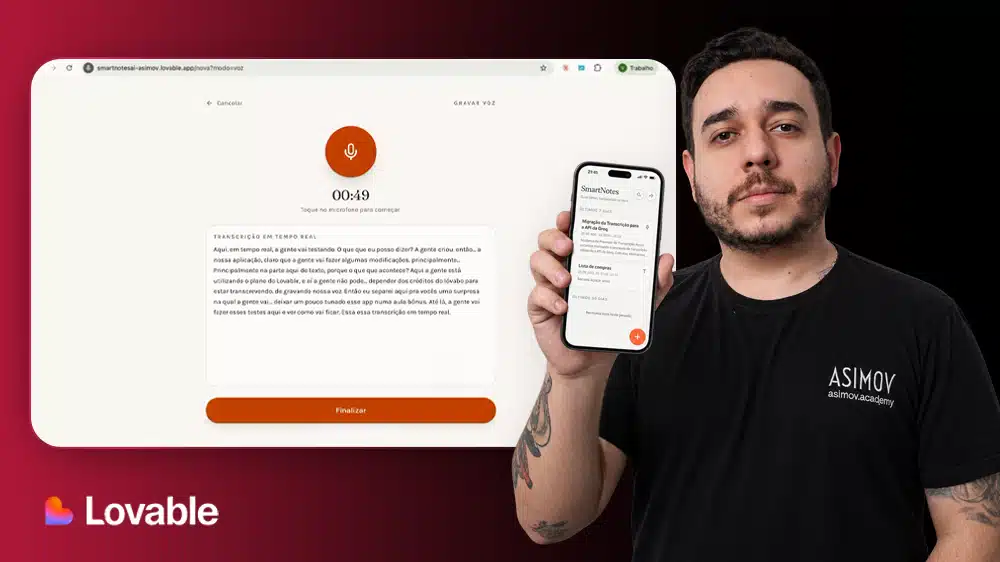 Capa do Projeto SmartNotes: app de notas por voz com IA (Lovable + Groq) - Asimov Academy